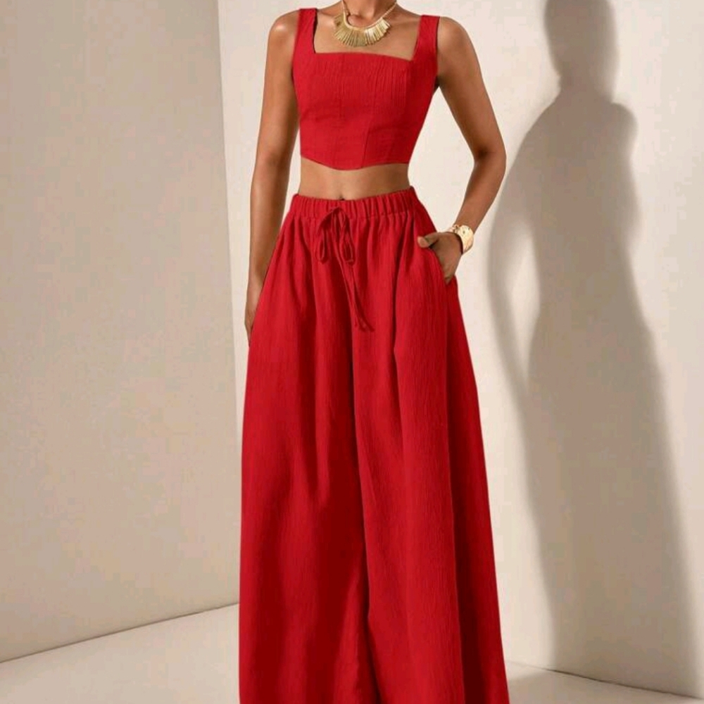Vacation Casual Fishbone Strap Top And Wide Leg Pants 2 Pieces Set